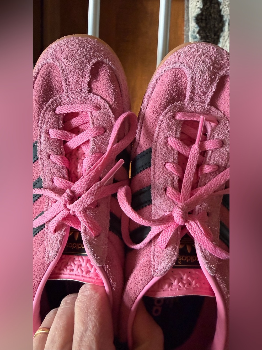 adidas Pink Suede Athletic Sneakers with Black Stripes